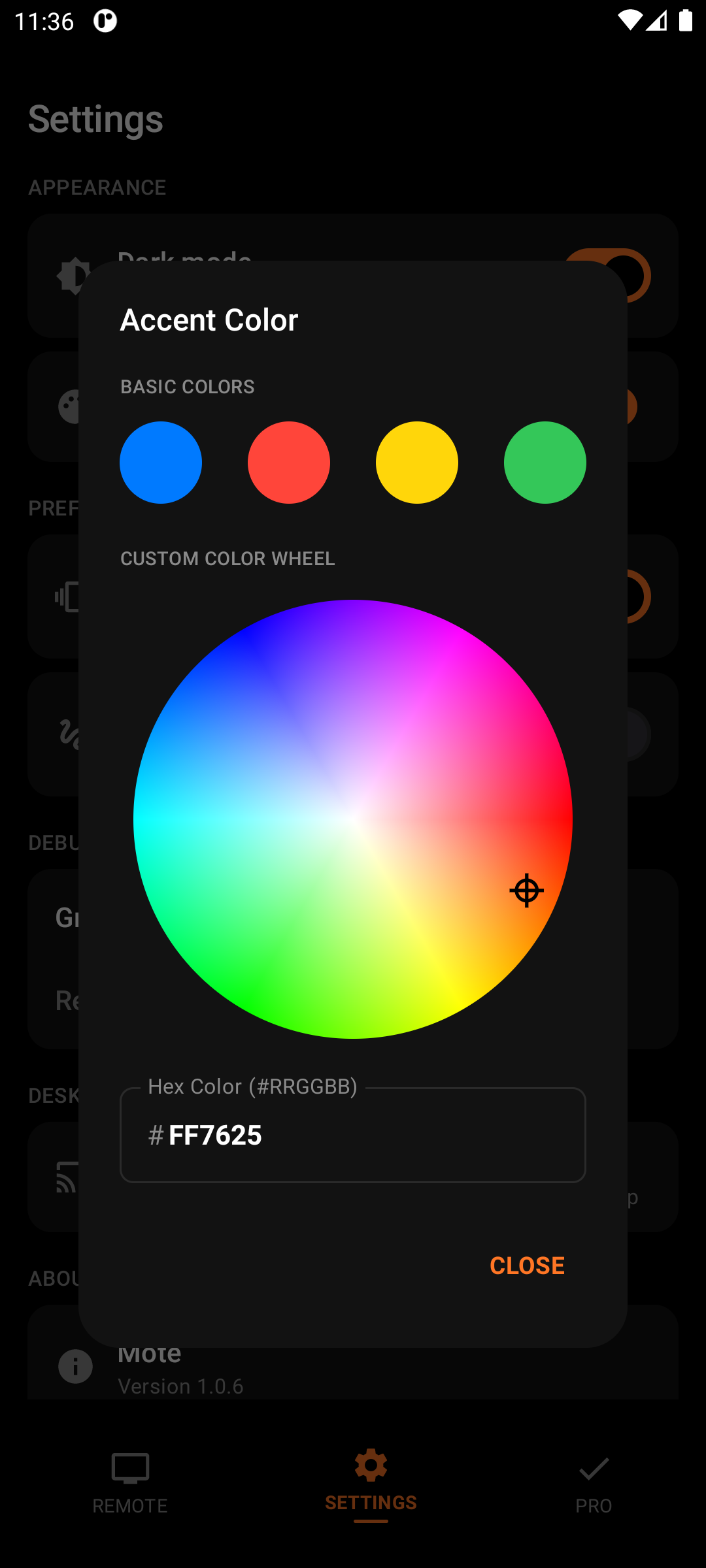 Custom accent color picker with a full color wheel