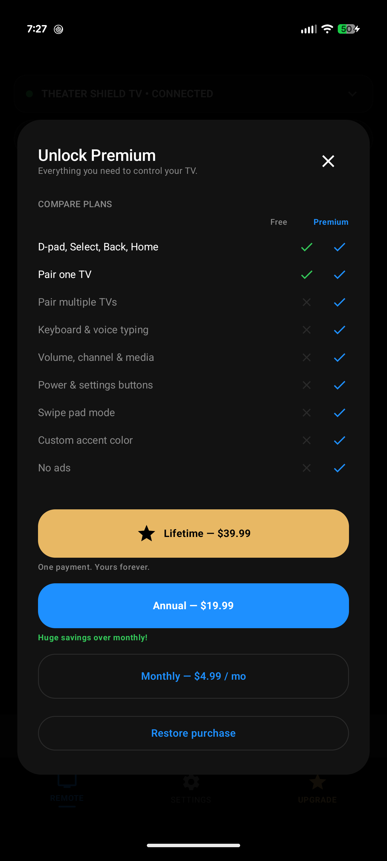 Unlock Premium screen comparing free and premium features with pricing