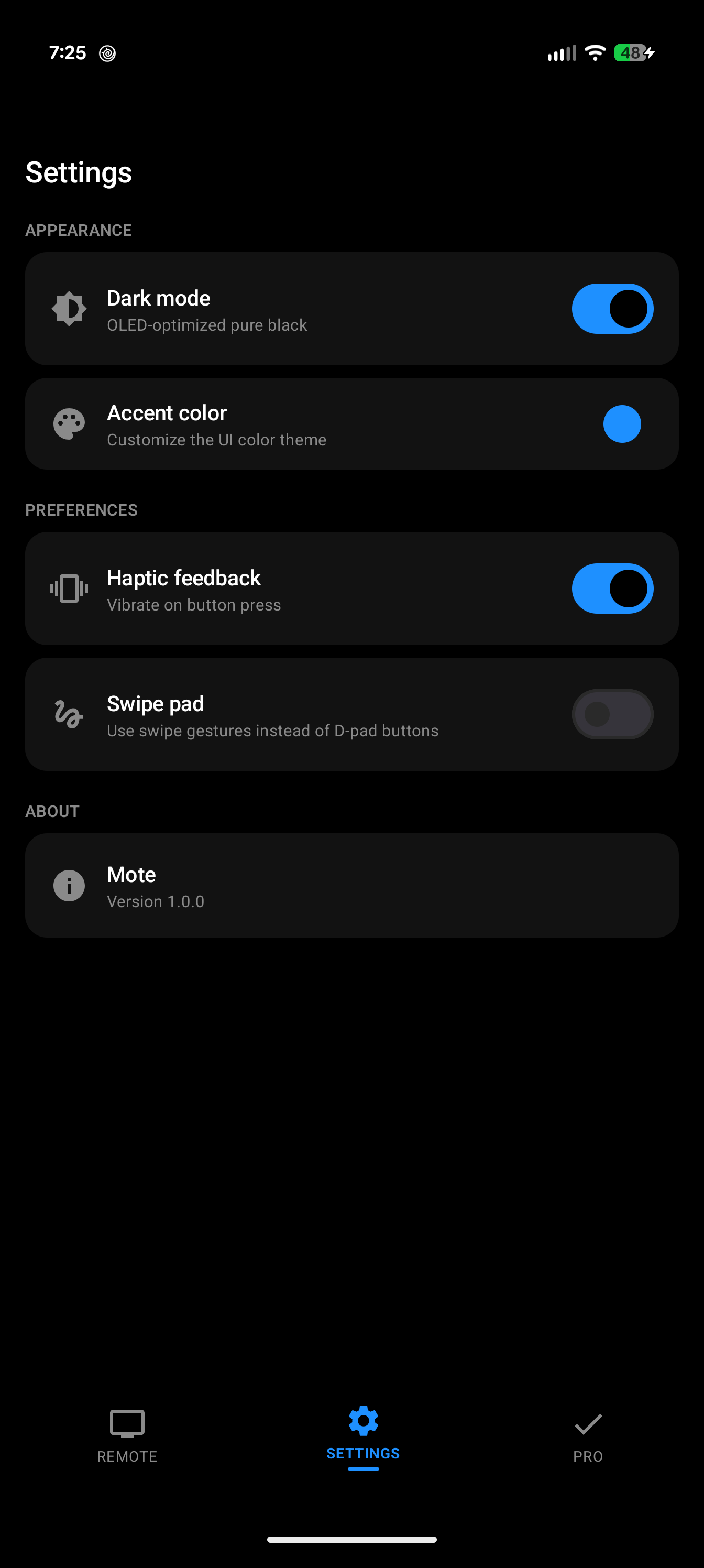 Settings screen showing dark mode, accent color, haptics, and swipe pad options